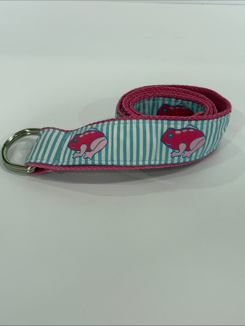 Pink Ribbon D-Ring Belt with Blue Striped Frog Print